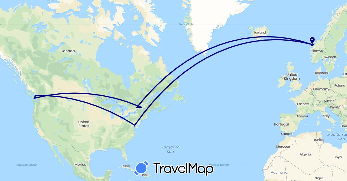 TravelMap itinerary: driving in Canada, Norway, United States (Europe, North America)